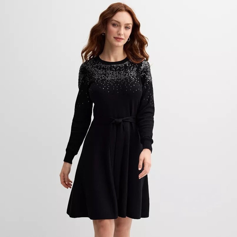 Women's Draper James Sequin Tie Waist Sweater Dress